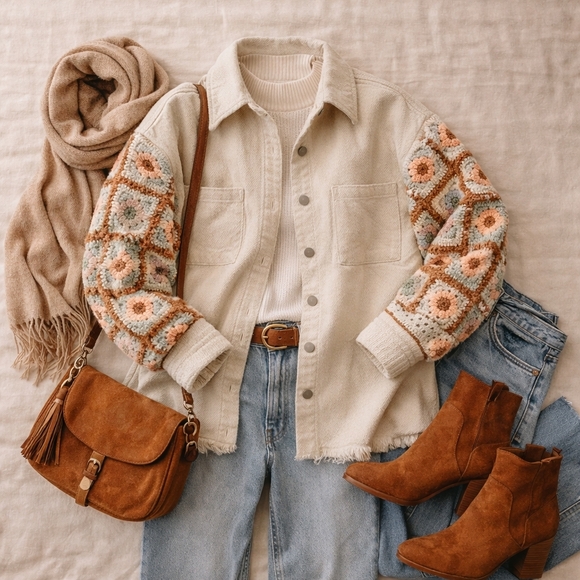 NWT Bibi Cream Crochet Sleeve Shacket Modern Vintage Cozy Statement Medium - Picture 4 of 10